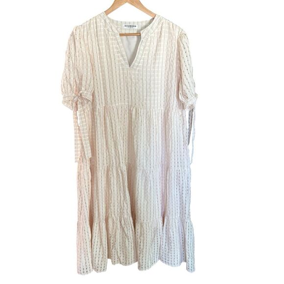ECOWISH - Casual Dress V Neck Short Sleeve Gingham Midi Ruffles Tiered - size XL - Picture 3 of 10